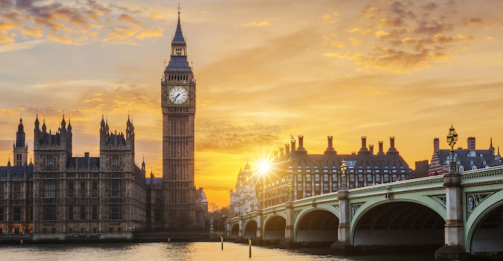 Big Ben and Westminster Bridge at sunset